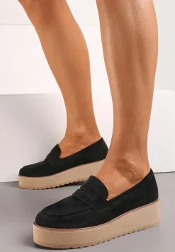 Czarne Półbuty w Stylu Mokasynów z Imitacji Zamszu na Platformie Vhisper