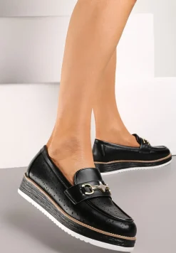 Czarne Półbuty w Stylu Mokasynów na Grubej Podeszwie z Ażurową Cholewką Illthia