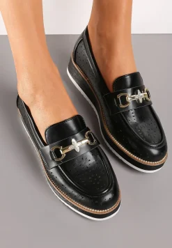 Czarne Półbuty w Stylu Mokasynów na Grubej Podeszwie z Ażurową Cholewką Illthia