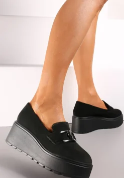 Czarne Półbuty z Łańcuchową Klamrą na Koturnie z Platformą ze Skórzaną Wkładką Hirvva