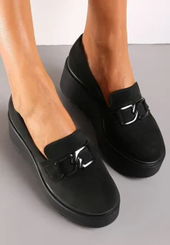 Czarne Półbuty z Łańcuchową Klamrą na Koturnie z Platformą ze Skórzaną Wkładką Hirvva
