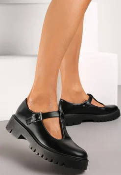 Czarne Półbuty z Ekoskóry na Płaskim Obcasie ze Sprzączką Frisena