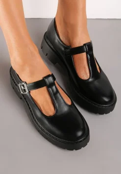 Czarne Półbuty z Ekoskóry na Płaskim Obcasie ze Sprzączką Frisena