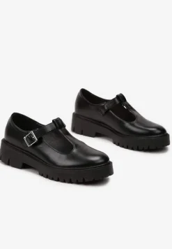 Czarne Półbuty z Ekoskóry na Płaskim Obcasie ze Sprzączką Frisena