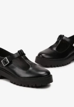 Czarne Półbuty z Ekoskóry na Płaskim Obcasie ze Sprzączką Frisena