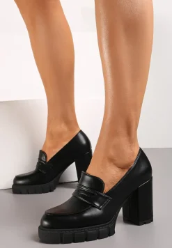 Czarne Półbuty z Imitacji Skóry na Słupku z Platformą z Okrągłym Noskiem i Przeszyciami Dravinnia