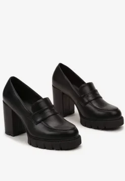 Czarne Półbuty z Imitacji Skóry na Słupku z Platformą z Okrągłym Noskiem i Przeszyciami Dravinnia