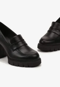 Czarne Półbuty z Imitacji Skóry na Słupku z Platformą z Okrągłym Noskiem i Przeszyciami Dravinnia