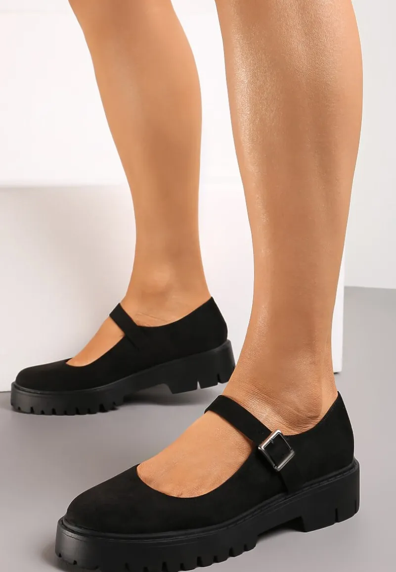 Czarne Półbuty z Imitacji Zamszu z Ozdobnym Paskiem i Sprzączką Gerxana