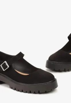 Czarne Półbuty z Imitacji Zamszu z Ozdobnym Paskiem i Sprzączką Gerxana