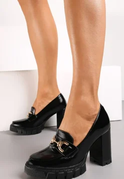 Czarne Półbuty z Klamerką na Słupku i Niskiej Platformie Kadosa