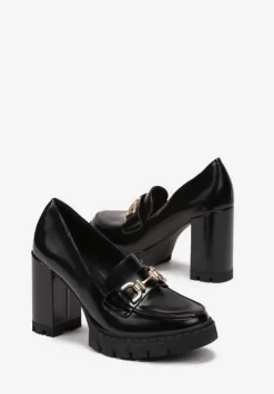 Czarne Półbuty z Klamerką na Słupku i Niskiej Platformie Kadosa