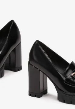 Czarne Półbuty z Klamerką na Słupku i Niskiej Platformie Kadosa