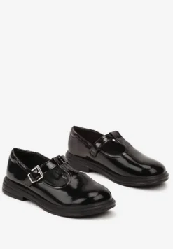 Czarne Półbuty z Lakierowanym Wykończeniem Zapinane na Sprzączkę Avatria