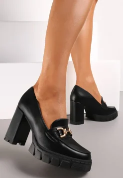 Czarne Półbuty z Metalową Aplikacją na Kwadratowym Wysokim Słupku i Platformie Viama