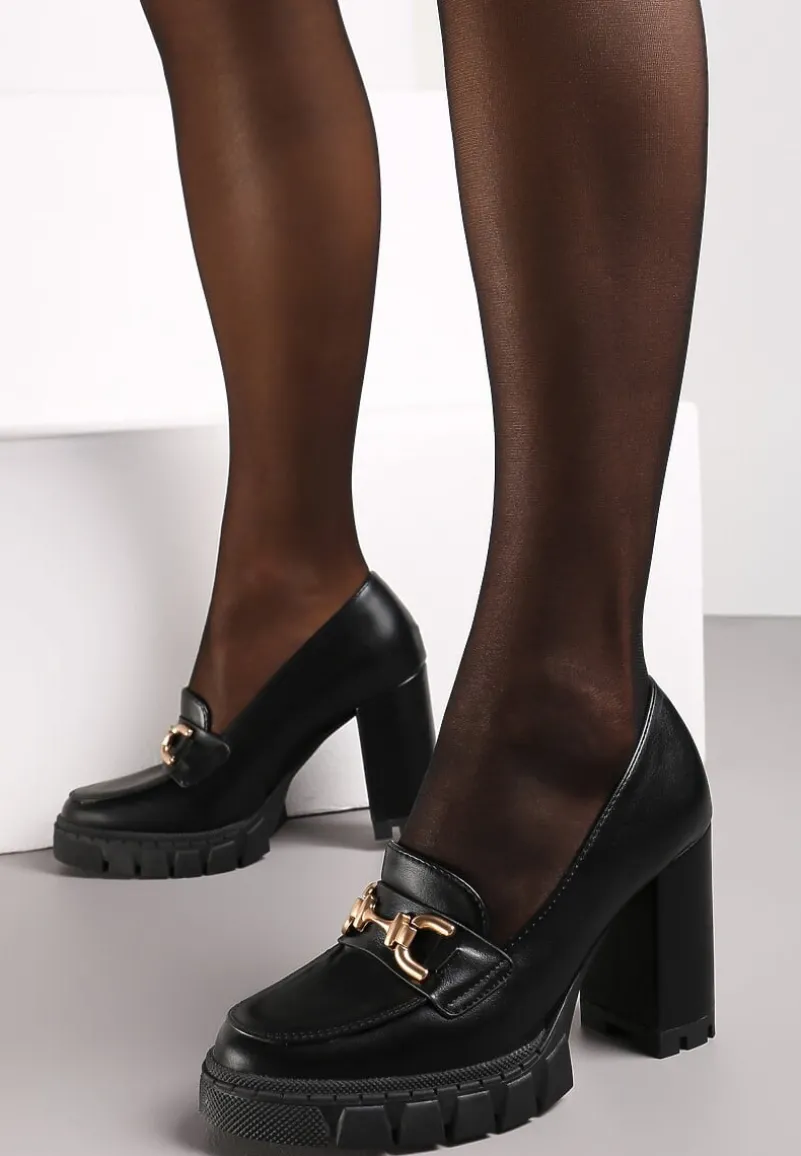 Czarne Półbuty z Metalową Aplikacją na Kwadratowym Wysokim Słupku i Platformie Viama