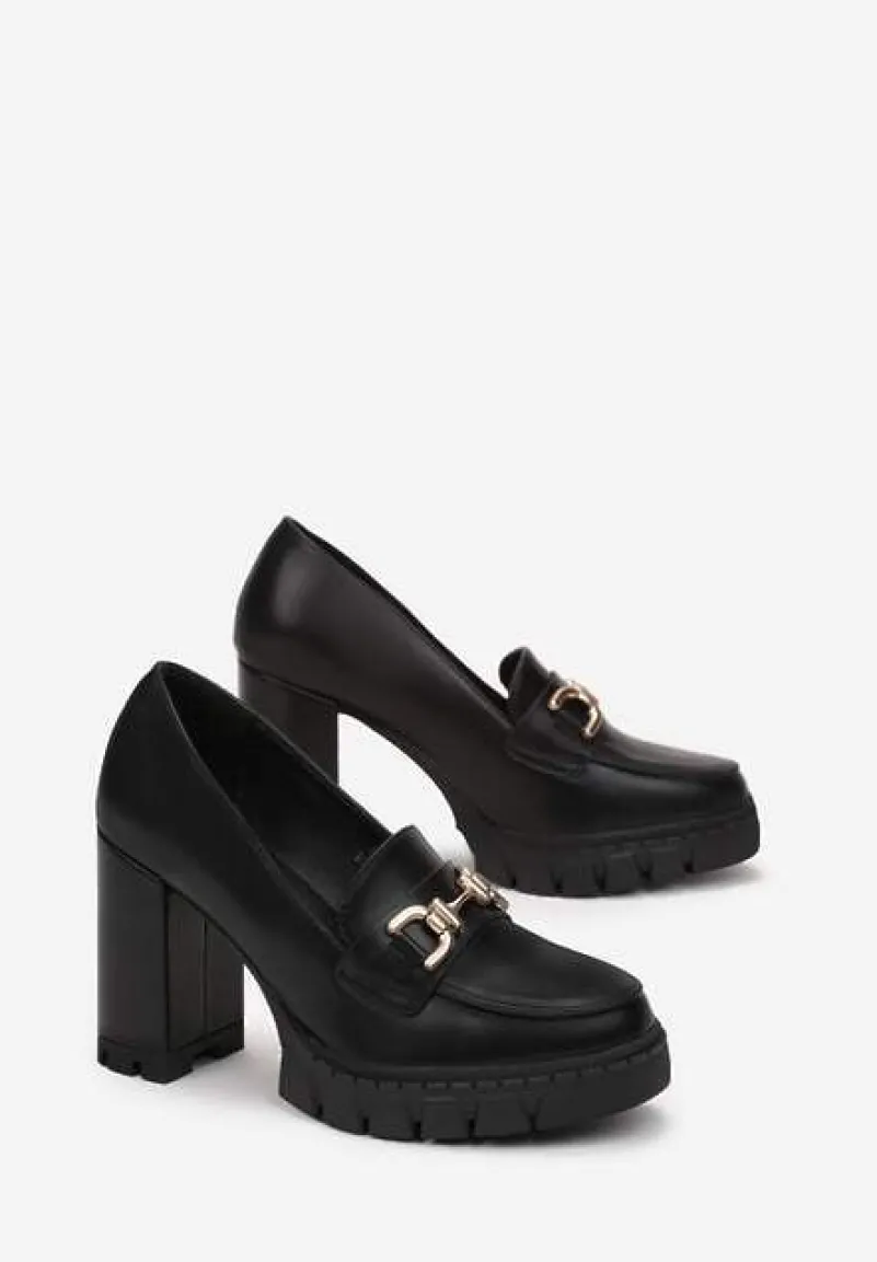 Czarne Półbuty z Metalową Aplikacją na Kwadratowym Wysokim Słupku i Platformie Viama