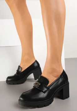 Czarne Półbuty z Ozdobną Aplikacją w Stylu Loafersów na Obcasie Firlexia