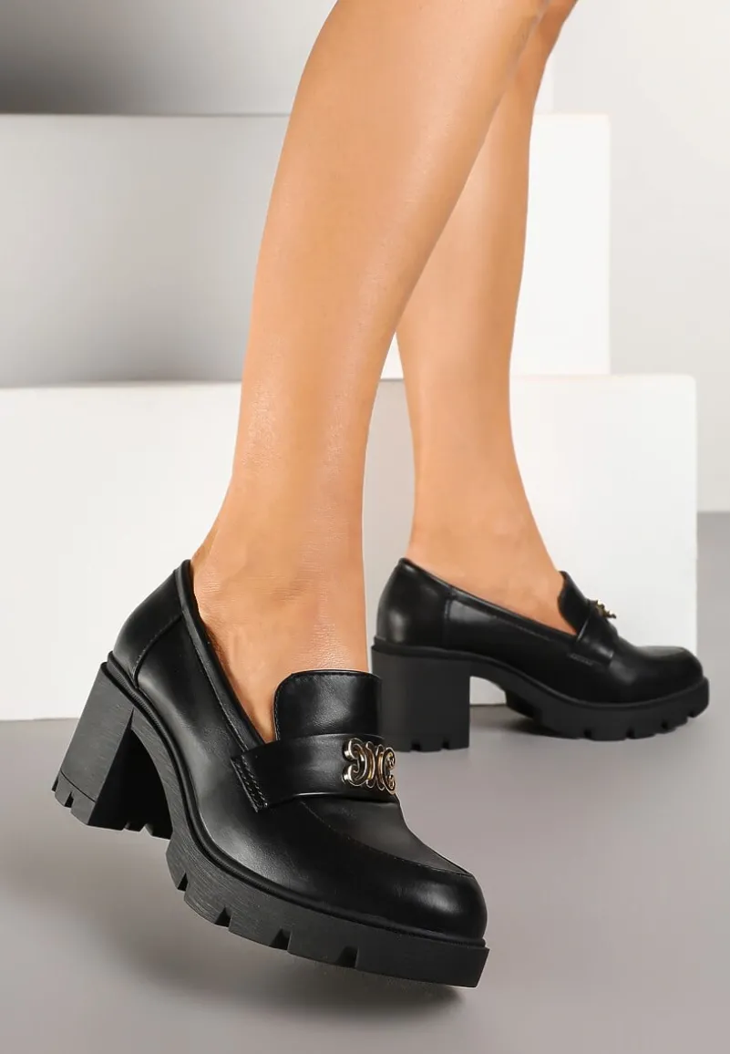 Czarne Półbuty z Ozdobną Aplikacją w Stylu Loafersów na Obcasie Firlexia