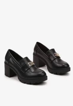 Czarne Półbuty z Ozdobną Aplikacją w Stylu Loafersów na Obcasie Firlexia
