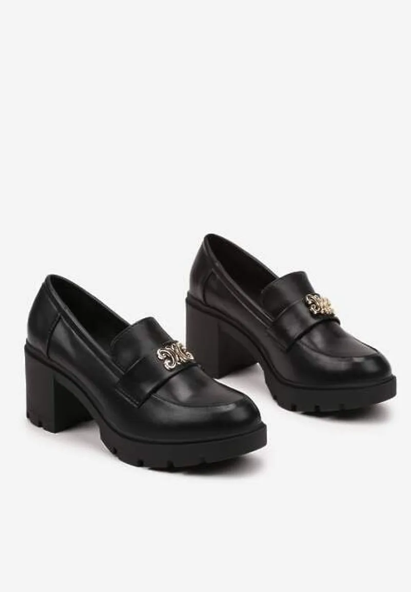 Czarne Półbuty z Ozdobną Aplikacją w Stylu Loafersów na Obcasie Firlexia