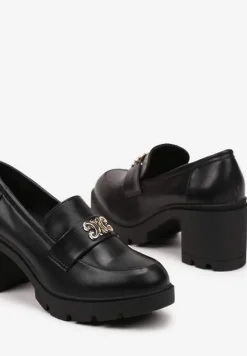 Czarne Półbuty z Ozdobną Aplikacją w Stylu Loafersów na Obcasie Firlexia