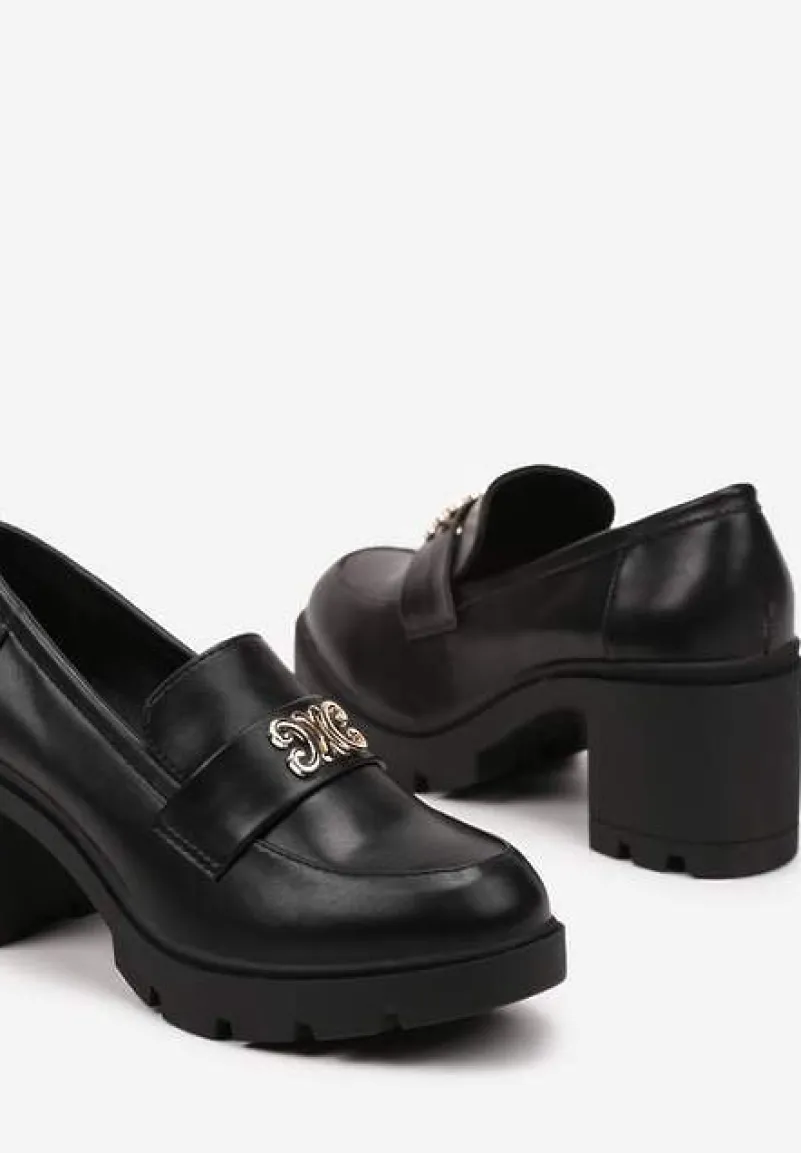 Czarne Półbuty z Ozdobną Aplikacją w Stylu Loafersów na Obcasie Firlexia