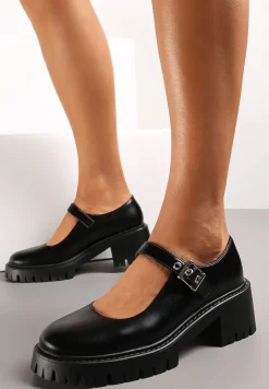 Czarne Półbuty z Ozdobnym Paskiem na Niskim Słupku Esmera