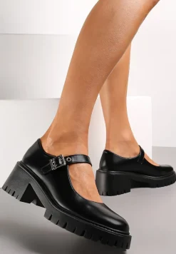 Czarne Półbuty z Ozdobnym Paskiem na Niskim Słupku Esmera