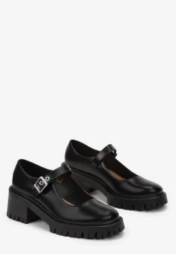 Czarne Półbuty z Ozdobnym Paskiem na Niskim Słupku Esmera