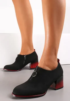 Czarne Półbuty z Ozdobnym Suwakiem i Słupkiem z Imitacji Drewna ze Skórzaną Wkładką Arifia