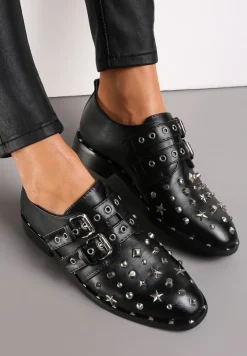 Czarne Półbuty z Paskami ze Sprzączką i Ćwiekami Cesho