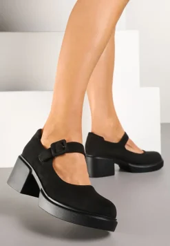 Czarne Półbuty Zapinane na Sprzączkę z Wkładką Skórzaną na Kwadratowym Słupku Penilne