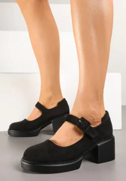 Czarne Półbuty Zapinane na Sprzączkę z Wkładką Skórzaną na Kwadratowym Słupku Penilne