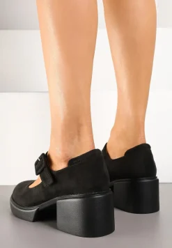 Czarne Półbuty Zapinane na Sprzączkę z Wkładką Skórzaną na Kwadratowym Słupku Penilne