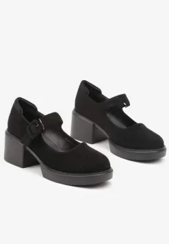 Czarne Półbuty Zapinane na Sprzączkę z Wkładką Skórzaną na Kwadratowym Słupku Penilne
