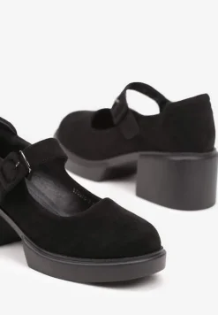 Czarne Półbuty Zapinane na Sprzączkę z Wkładką Skórzaną na Kwadratowym Słupku Penilne
