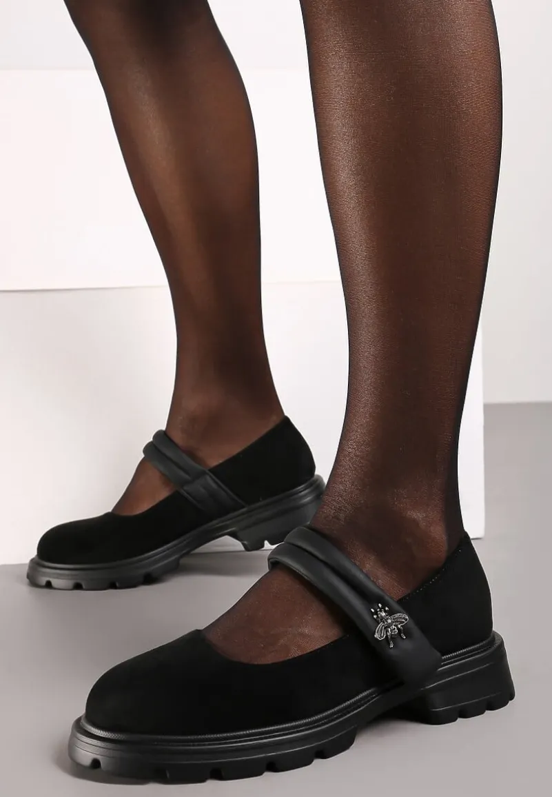 Czarne Półbuty ze Skórzaną Wkładką z Paseczkiem na Rzep i Eleganckim Detalem Vairose