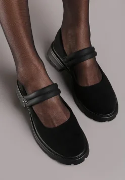 Czarne Półbuty ze Skórzaną Wkładką z Paseczkiem na Rzep i Eleganckim Detalem Vairose