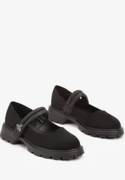 Czarne Półbuty ze Skórzaną Wkładką z Paseczkiem na Rzep i Eleganckim Detalem Vairose