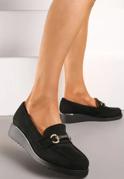 Czarne Półbuty ze Skórzaną Wkładką na Niskim Koturnie z Klamerką Telliasue