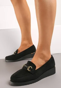 Czarne Półbuty ze Skórzaną Wkładką na Niskim Koturnie z Klamerką Telliasue
