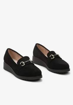 Czarne Półbuty ze Skórzaną Wkładką na Niskim Koturnie z Klamerką Telliasue