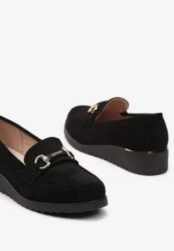 Czarne Półbuty ze Skórzaną Wkładką na Niskim Koturnie z Klamerką Telliasue
