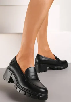 Czarne Półbuty ze Skórzaną Wyściółką na Słupku z Okrągłym Noskiem Uraslline