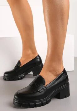 Czarne Półbuty ze Skórzaną Wyściółką na Słupku z Okrągłym Noskiem Uraslline