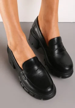 Czarne Półbuty ze Skórzaną Wyściółką na Słupku z Okrągłym Noskiem Uraslline
