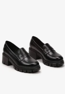 Czarne Półbuty ze Skórzaną Wyściółką na Słupku z Okrągłym Noskiem Uraslline