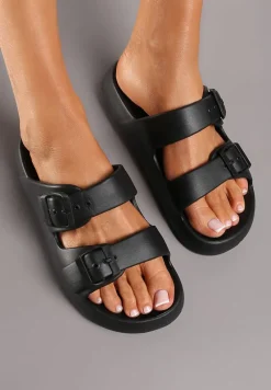 Czarne Piankowe Płaskie Klapki z Klamrami Chrissi