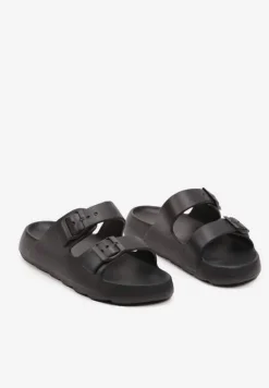 Czarne Piankowe Płaskie Klapki z Klamrami Chrissi